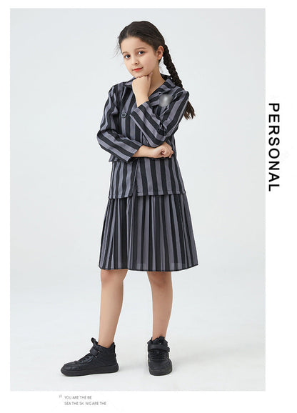 Girl Addams Family Halloween Cosplay Costume Girls Gray Purple Wednesday Addams Uniform Suit Skirts Wig Hand Wednesday Clothes