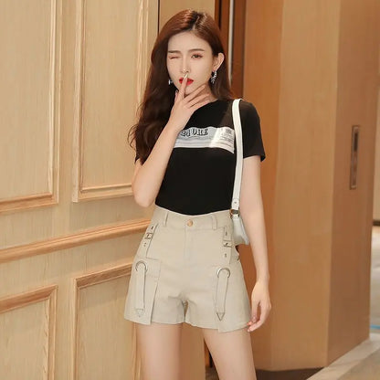 2026 Summer K Fashion High Waisted Wide Leg Denim Shorts for Women Slimming Tummy Control Hot Pants Outwear Casual Streetwear