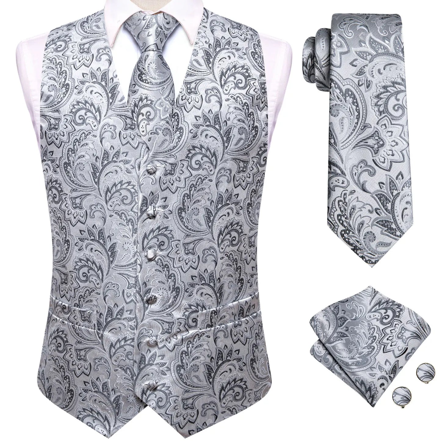 Silver Grey Paisley Floral Waistcoat Accessory Kit Tie Pocket Square Cufflinks For Bridal Shower Anniversary Dinner