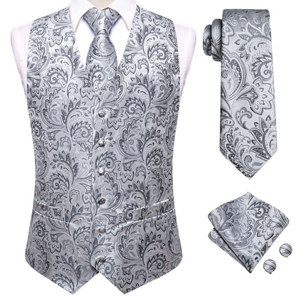 Silver Grey Paisley Floral Waistcoat Accessory Kit Tie Pocket Square Cufflinks For Bridal Shower Anniversary Dinner