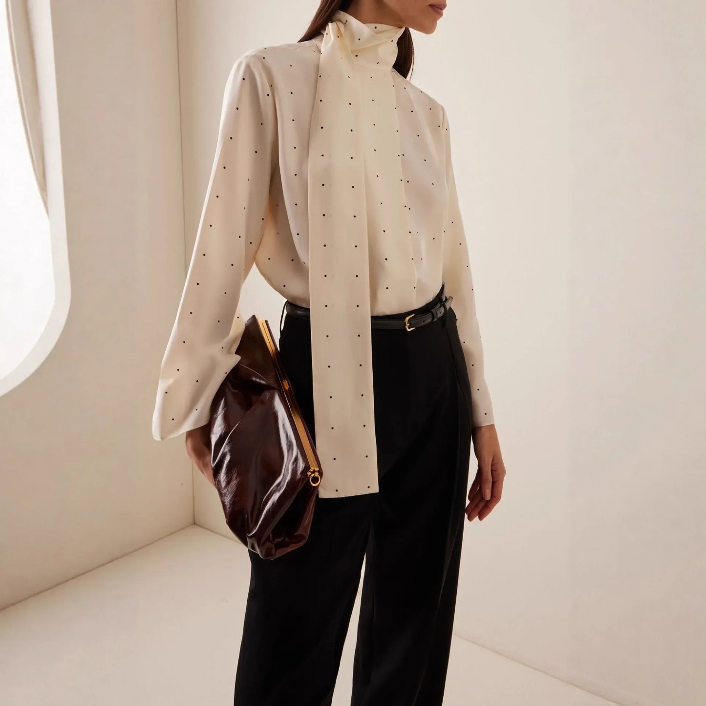 Polka Dot Printed Casual Shirt Women Satin Scarf Neck Elegant Long Sleeve Blouse 2026 New Autumn Lady Daily Street Chic Outwear