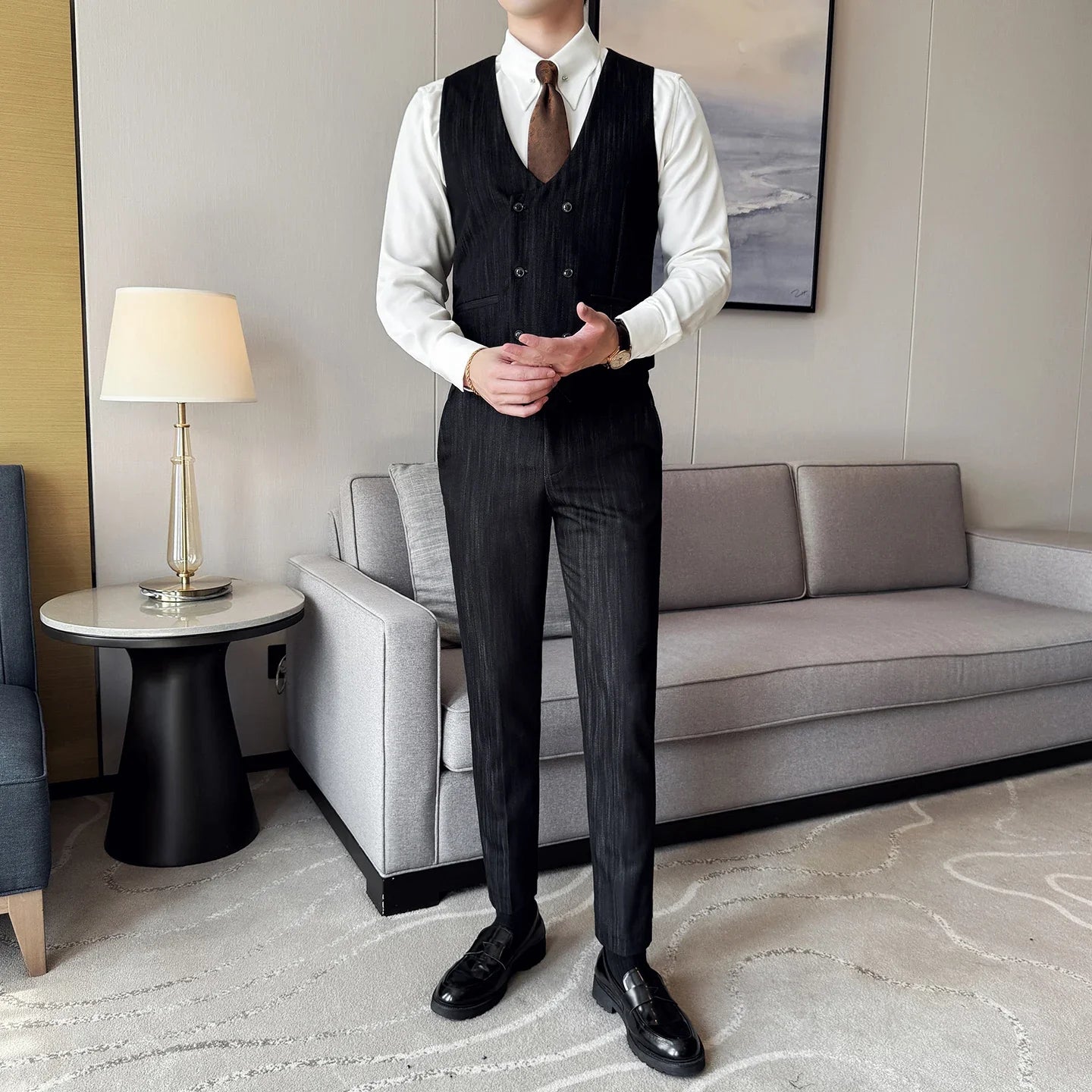 ( Vest + Pants) Double-breasted Striped With Pants Men Business Slim Fit Suit Vest 2 pieces Formal Groom Wedding Dress Vest