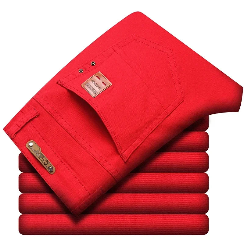 2024 Autumn New Men's Bright Stretch Fit Jeans Trendy Denim Straight-leg Trousers Male Red Lake Blue Yellow Trousers