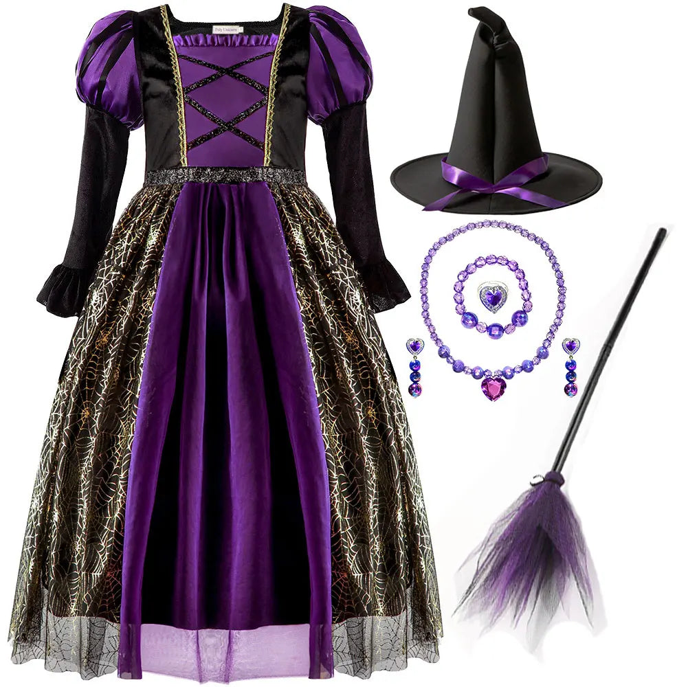 2025 Halloween Easter Festive Party Girl Cosplay Classic Witch Purple Print Long Sleeve Dress Evil Horror Set Baby Birthday Gift