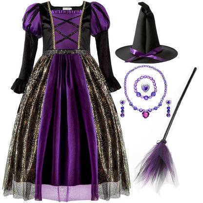 2025 Halloween Easter Festive Party Girl Cosplay Classic Witch Purple Print Long Sleeve Dress Evil Horror Set Baby Birthday Gift