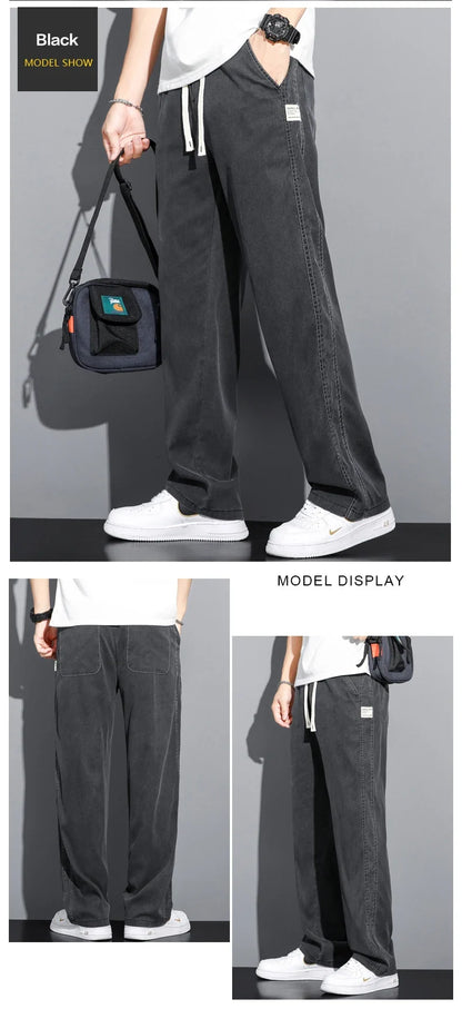 Summer Soft Lyocell Fabric Thin Loose Straight Pants Drawstring Elastic Waist Korea Casual Trousers Men's Jeans Plus Size M-5XL
