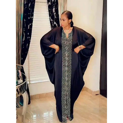 Fashion African Woman Large Size Bat Sleeve Dress Muslim Islamic Style Robe Imitation Silk Hot Fix Rhinestone