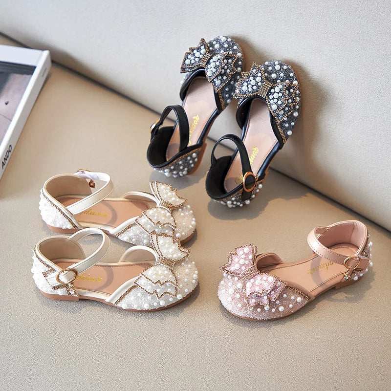 2026 New Summer Girls Sandals Cute Bow Pearl Sequins Kids Princess Shoes Flat Heels Dancing Shoes Size 21-36