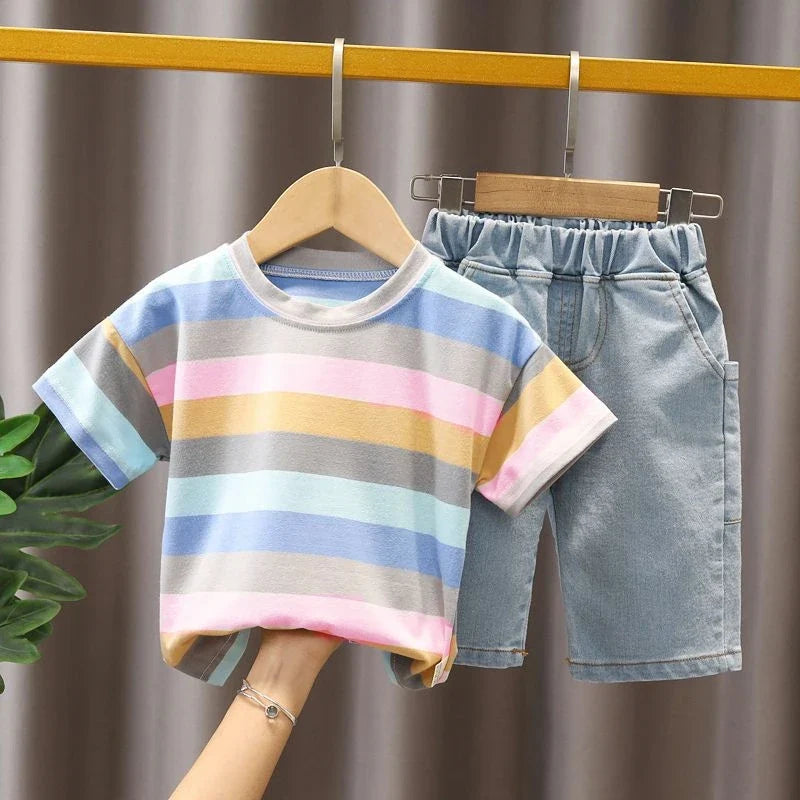 Baby Summer Trend Quality Clothes Set Children's Denim Shorts + Cotton Handsome T-Shirt 2-Piece Set