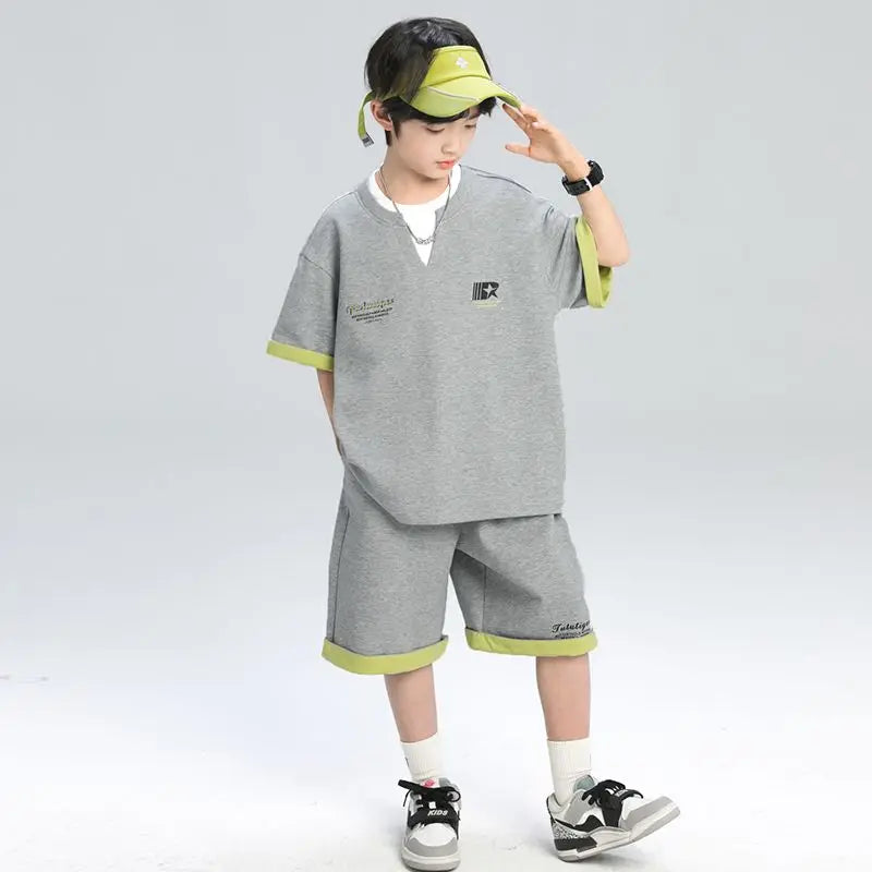 Sporty Korean Children's Clothes 2025 Boys Sets Tracksuit for Boy Top Shirts Tops Home Clothing 10 14 Years Kids Summer Set Suit