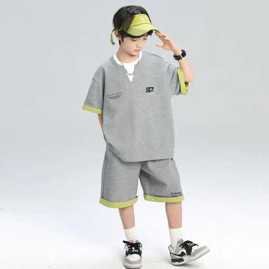 Sporty Korean Children's Clothes 2025 Boys Sets Tracksuit for Boy Top Shirts Tops Home Clothing 10 14 Years Kids Summer Set Suit
