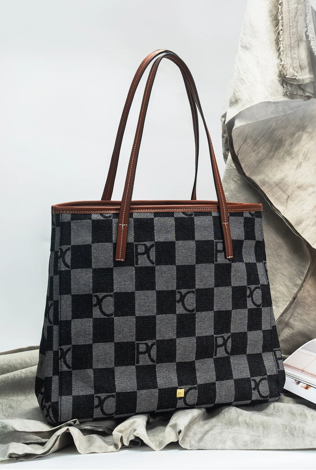 Lady Shoulder Bag Denim Checkerboard Design Light Luxury Large Capacity Simple Trendy Cool Texture Daily Commute Handbag