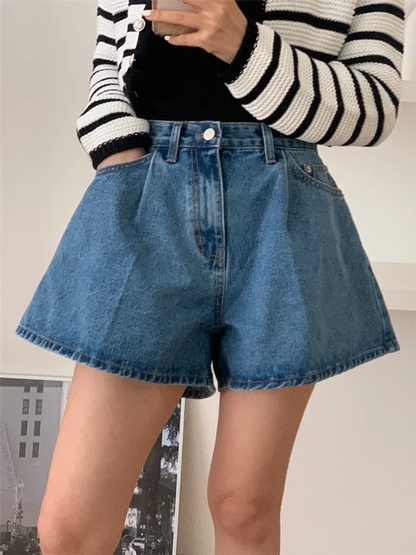 2024 New High Waist Washed Women's Denim Wide Leg Shorts Summer Buttons Casual Female Blue Jeans Trouses Pockets