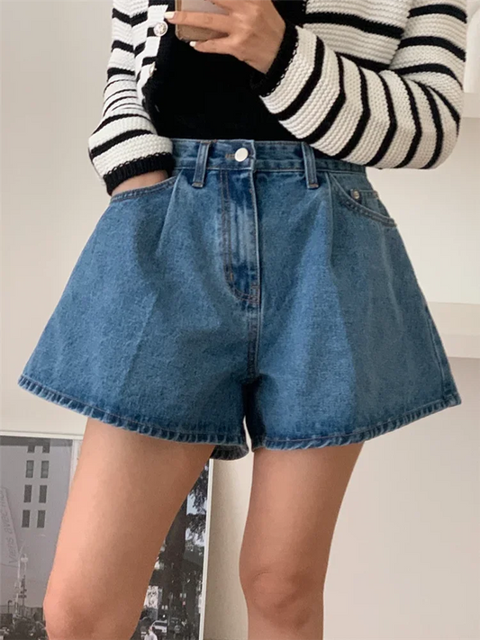2024 New High Waist Washed Women's Denim Wide Leg Shorts Summer Buttons Casual Female Blue Jeans Trouses Pockets