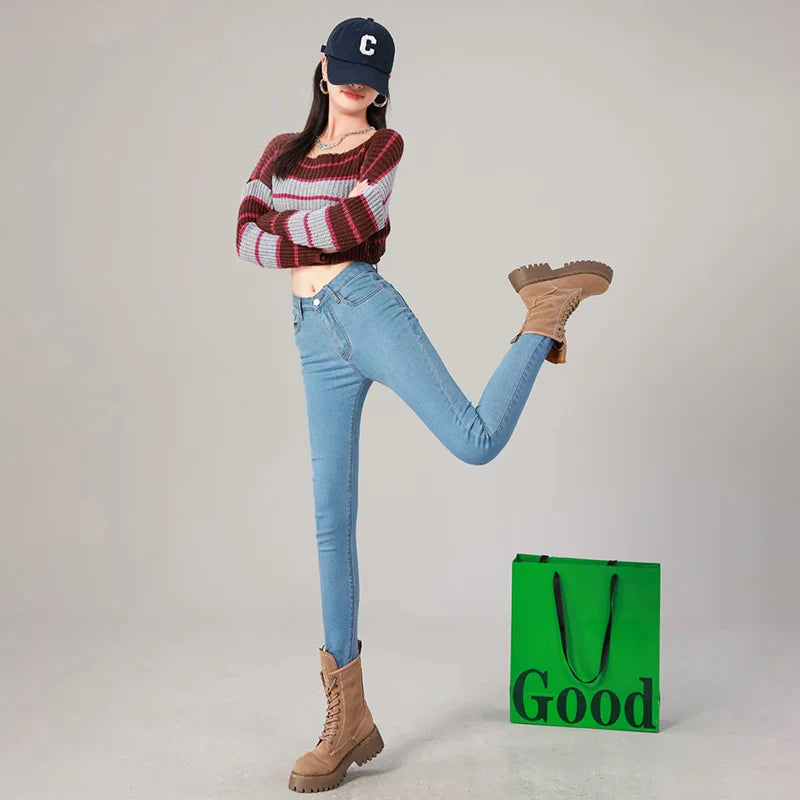 2024 Sexy Women Blue Slim Skinny Denim Jeans High Waist Elastic Mom Jeans Stretch Washed Pencil Pants Streetwear Tight Trousers