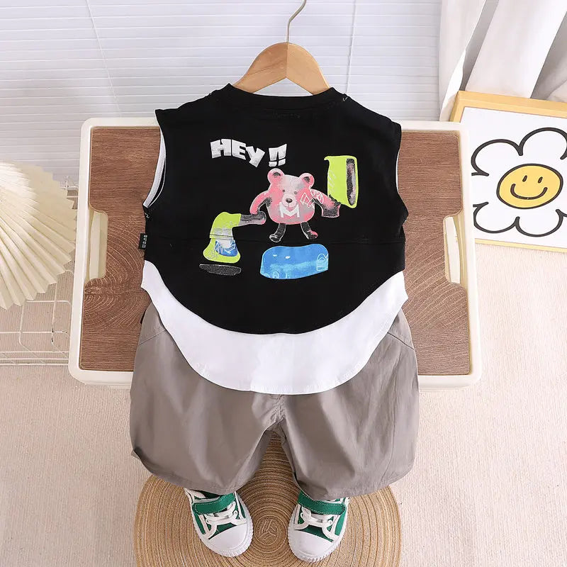 Summer Cartoon Print Baby Boys Girls Cotton Sport Letter Vest Shorts Set Toddler Kids Casual Tracksuit Infant Clothing Set