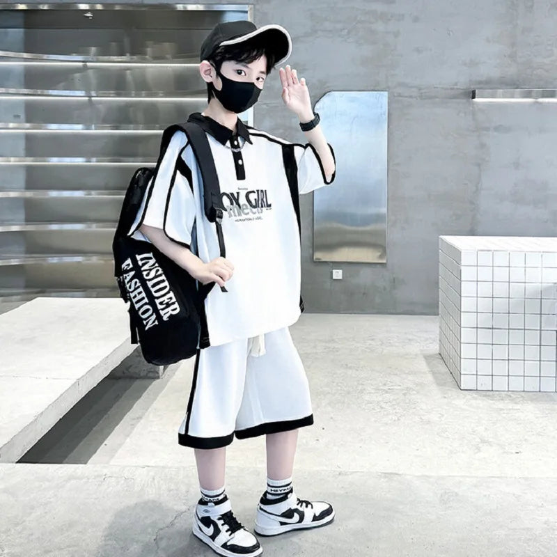 Summer Boys Patchwork Alphabet Preppy T-Shirt Tops+Drawstring Shorts Pant Set School Kids 2PCS Tracksuit Children Outfits 5-16Yr
