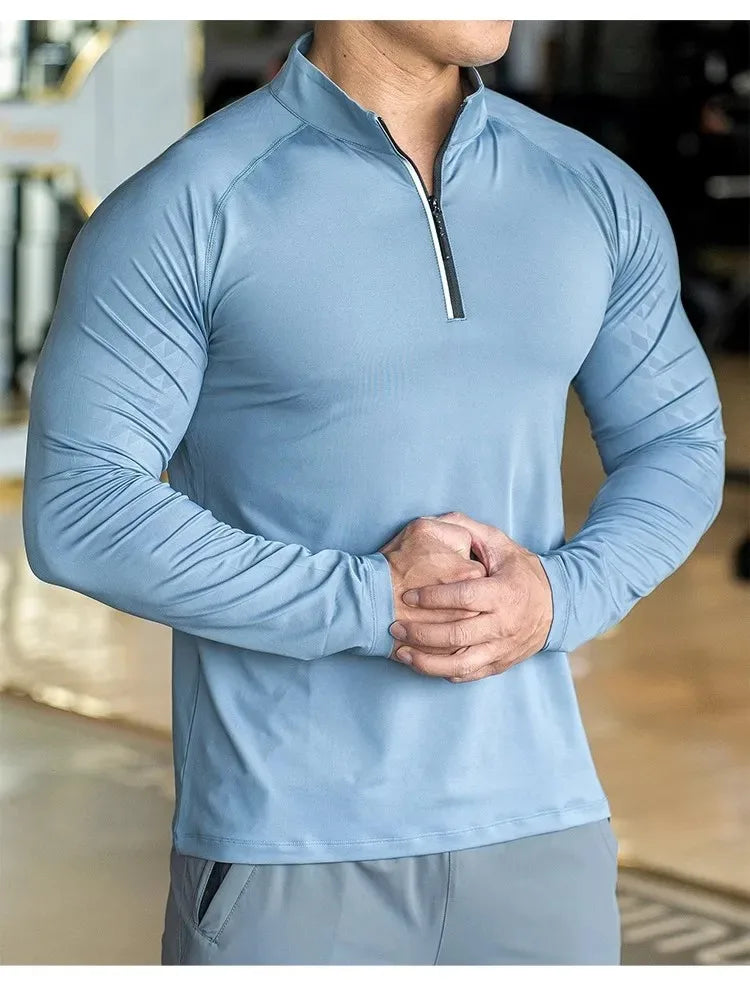 New Autumn Winter Running Gym Men Shirt Long Sleeve Tees Elastic Fit Sports Training Fitness Quick Dry Zip Collar Polo T Shirt