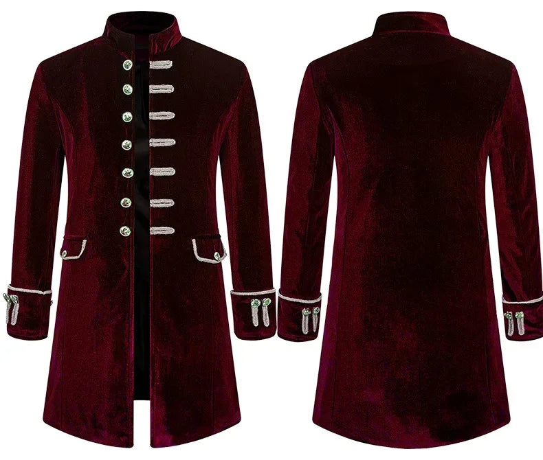 Men Steampunk Gothic Victorian Jacket Vintage Wine Red Velvet Tailcoat Medieval Frock Coat Uniform Party Halloween Costume Homme