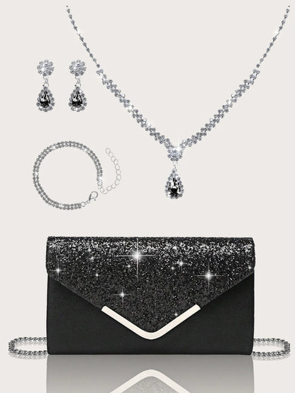 Gorgeous and elegant sparkly women's clutch bag, paired with a gorgeous rhinestone necklace, earrings and bracelet set of four.