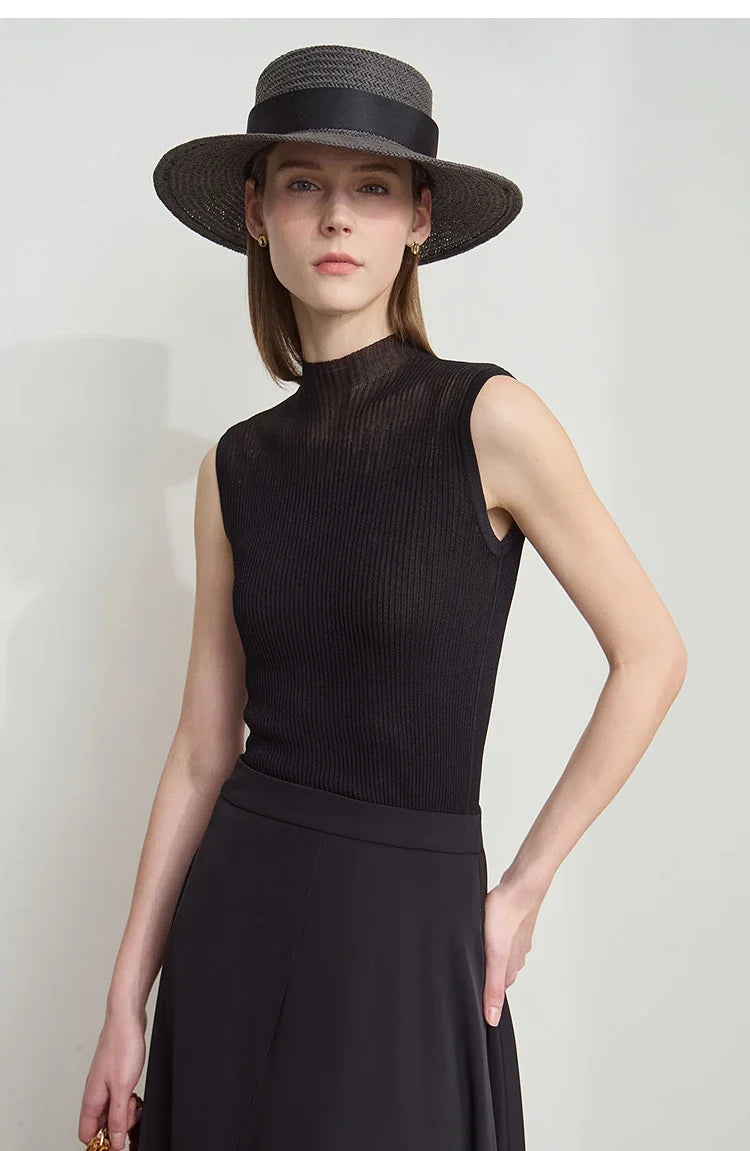 Women Top Minimalist Summer New Solid Color Mock Neck Sleeveless Slim Elastic Double Curved Yarn Knitted Camisole 12542249