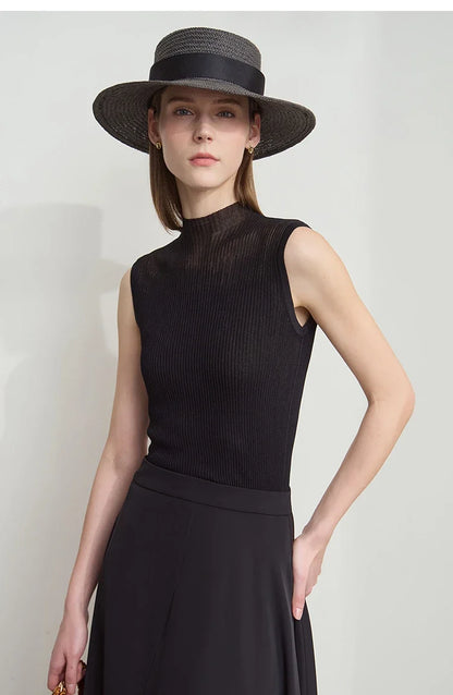 Women Top Minimalist Summer New Solid Color Mock Neck Sleeveless Slim Elastic Double Curved Yarn Knitted Camisole 12542249