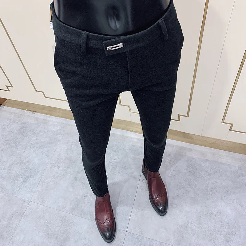 Autumn Winter Thickened Woolen Suit Pants Men Casual Slim Fit Straight Trousers Formal Business Woolen Social Office Warm Pants