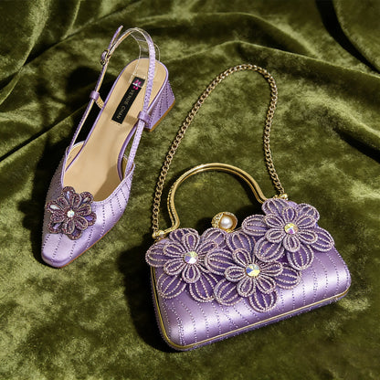 Party Shoes and Bag Ladies Heel Decoration Pure Elegant Flower Wedding Shoes and Bag Full Rhinestone Fashion Handbag