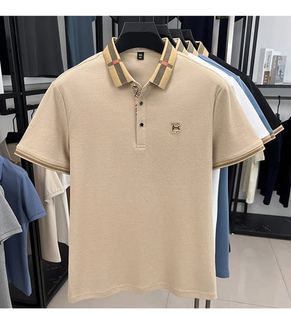 Summer men's light luxury brand letter printed short sleeved T-shirt Polo shirt breathable striped collar business casual top