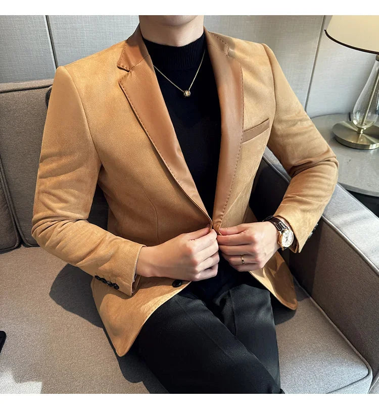 High Quality Deerskin Velvet Splicing Leather Collar Suit Blazers Men Casual Business Slim Coats Mens Social Wedding Clothing