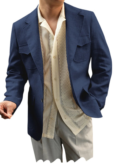Classic Men's Linen Blazer Notched Lapel Slim Fit Breathable Elastic Suit Jacket with Flap Pockets for Wedding Prom Daily Wear