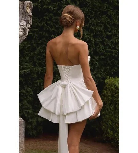 2025 Satin Strapless Back To School Dress with A Large Bow At The Back, Mini Skirt for Teenagers Cocktail Dress Short DanceDress
