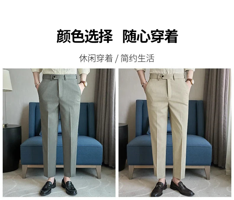 British Style Elastic Waist Men's Casual Slim Fit Trousers Summer High Quality Business Office Dress Wedding Party Suit Pants