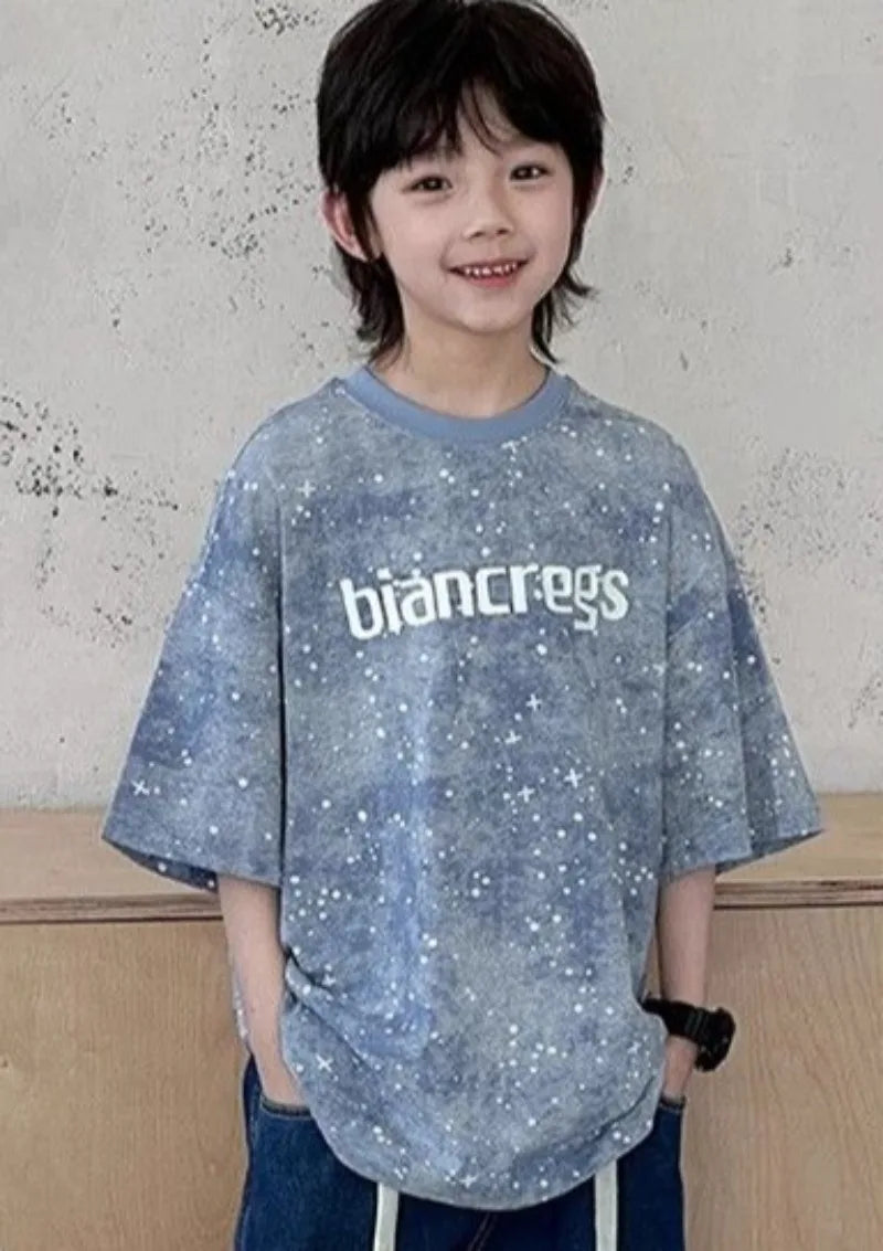 2026 New Boys' Summer Starry Sky Tie Dye Short Sleeve T-Shirt Pure Cotton Stylish Boys' Tops Trendy Summer Wear