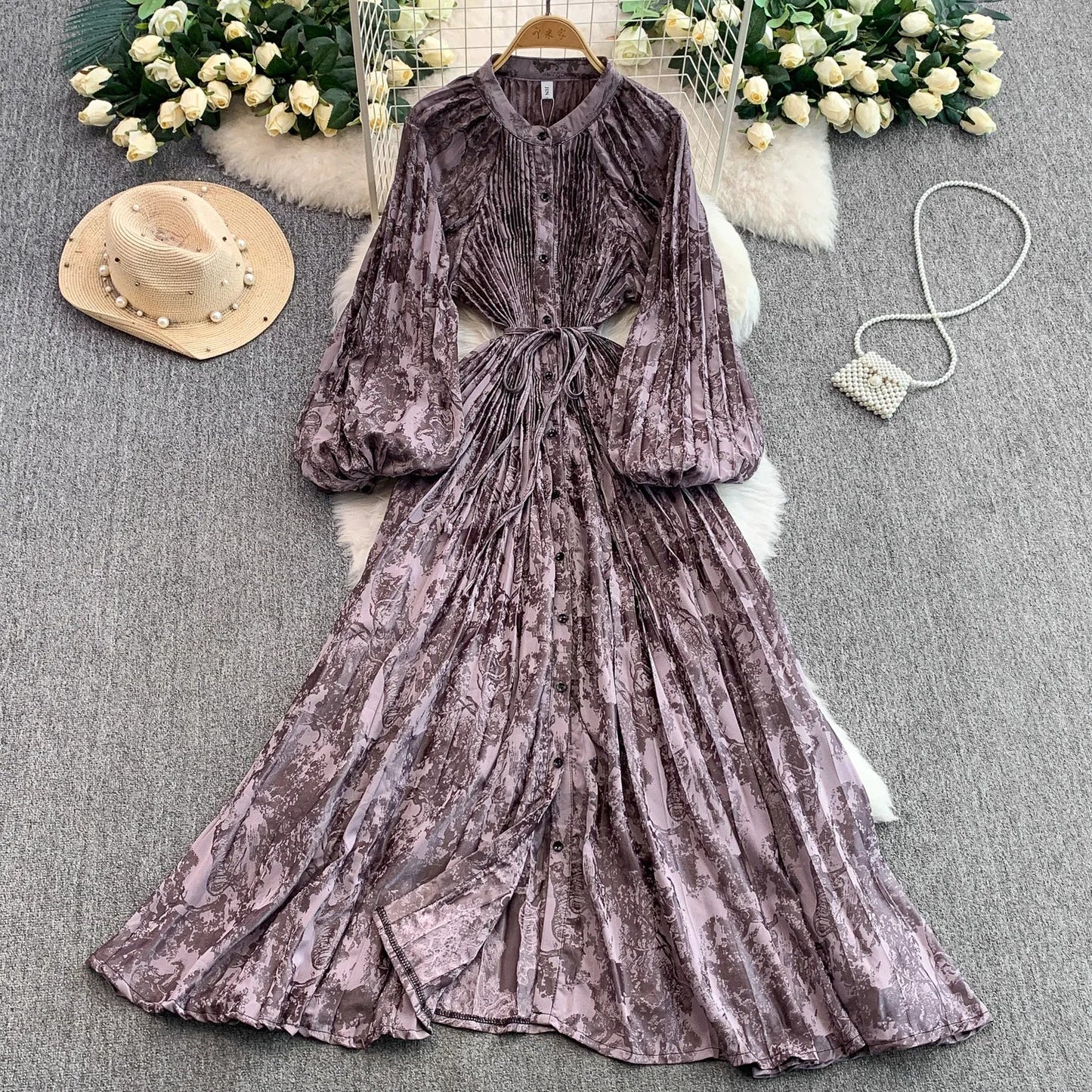 Ele Printed round Ne Lantern Sve Dr Women's Single Button Waist Cinch Maxi Skirt Long Dr Commute Sle Autumn