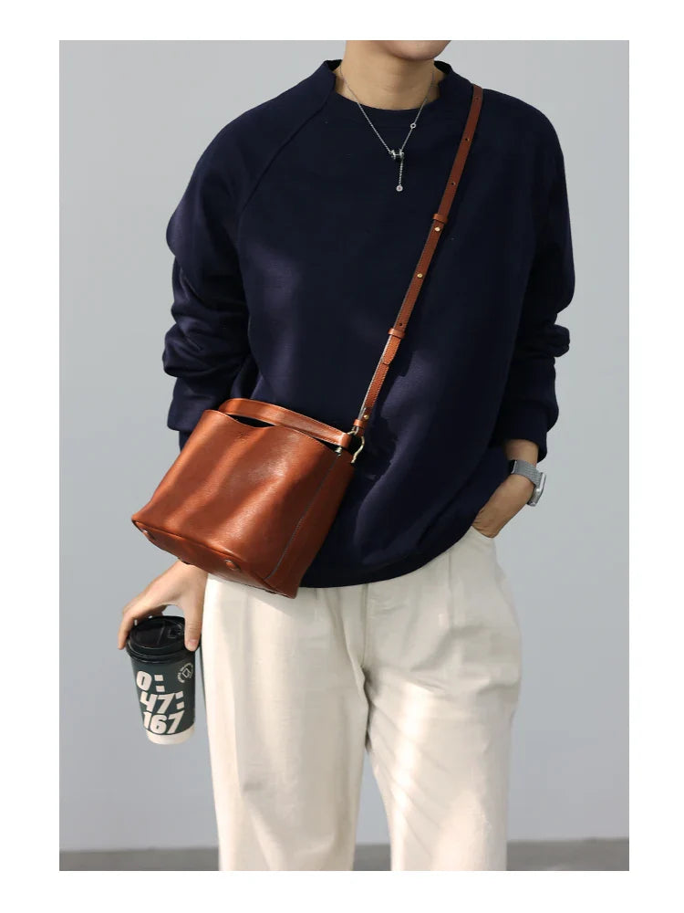2024 New Arrival Genuine Leather Crossbody Bucket Bags Women Luxury Retro Small Handbag Soft Shoulder Bag