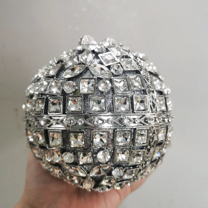 Woman Silver Crystal Stone Ball Shape Evening Bag Banquet Birthday Party Gift Lady Handbag Wedding Bridal Diamond Hollow Purse