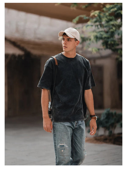 2026 Summer New Super Loose Heavyweight 320gsm 100% Cotton Washed Vintage T-shirts Men Plus Size Logo Embroidery Tops