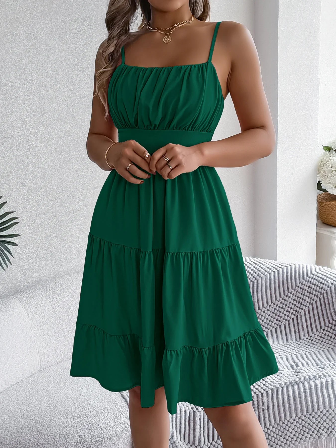 Casual Vacation Ruffled Camisole Dress Spring Summer Women's Solid Dresses for 2026 Valentine's Day Woman Clothing Pink Blue
