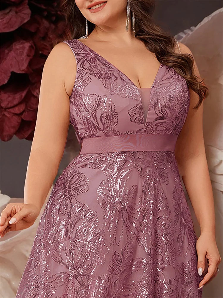 Plus Size Luxury Deep V-Neck Sequins Blue Evening Dress Women Elegant V-back Wedding Party Long Prom Cocktail Dresses