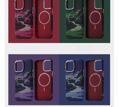 Abstract Landscape Relief for MagSafe Phone Case for iPhone 16 15 14 Pro Max 17 Wireless Charge Alloy Lens Shield Hard PC Cover