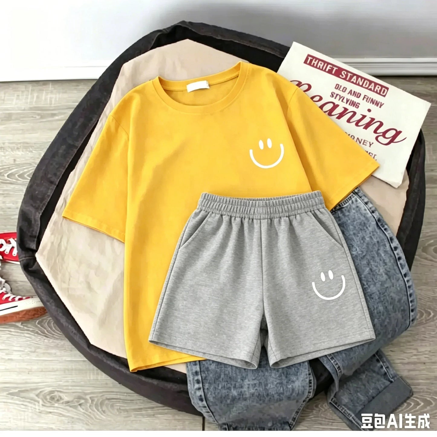 2026 New Summer Smiling Face Print Kids T-shirt Set Short-sleeved Pure Cotton Loose Basic Versatile Cool Simple Kids Outfit Tops