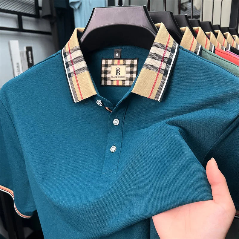 Luxury brand short sleeve polo shirt men fashionable simple solid color summer mercerized cotton breathable casual lapel T shirt