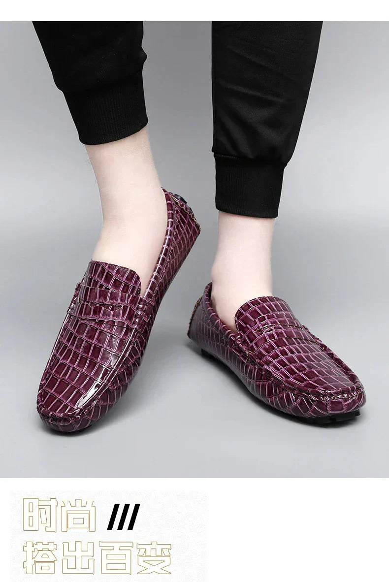 Patent Leather Loafers for Men, Crocodile Pattern, Korean Style, Trendy, Popular Casual Leather Shoes, Slip-On Loafers, Lazy Shoes