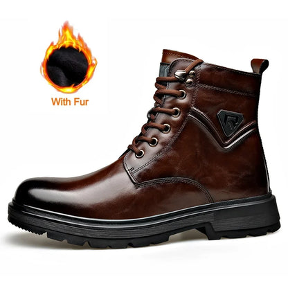 British Style Mens Winter Platform Snow Boots Fashion Genuine Leather Outdoor Antiskid Walking Ankle Boots Mens High Top Boots