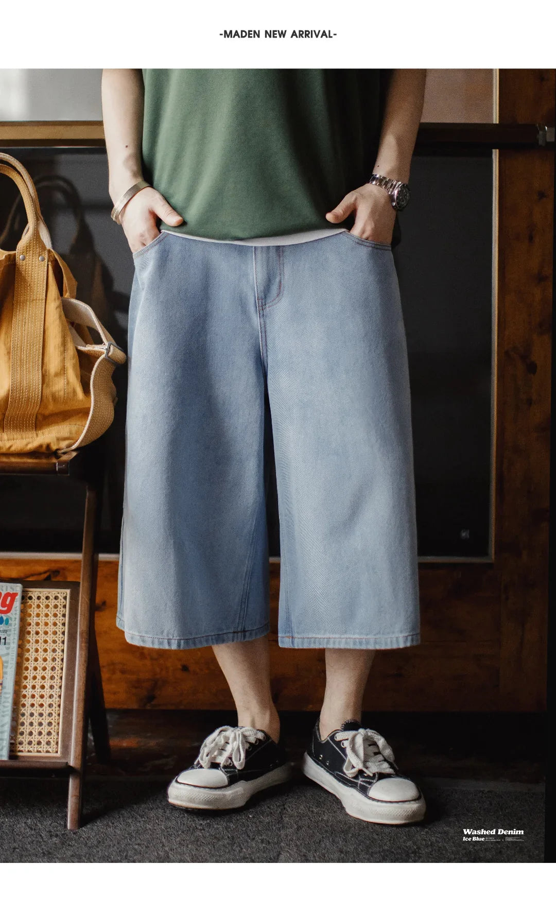 Men's American Retro Ice Blue Washed Denim Shorts Straight A Line Seven Inch Pants Vintage Workwear Loose Summer Trousers