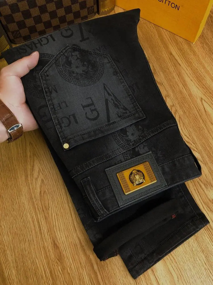 Spring and Autumn Korean Slim Jeans for Men 2025 High-end Luxury Clothing Black Printing Mid-waist Stretch Casual Pencil Pants