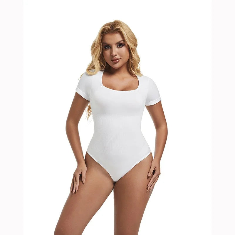 Short Sleeve Open Crotch Big U Neck Seamless Shapers Spandex Elastic Body Suit Shapewear Women Body Shaper Tummy Control