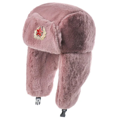 Winter Women Soviet Badge Bomber Hat Warm Faux Rabbit Fur Pilot Ushanka Windproof Thermal Earflap Hats For Men Ski Caps