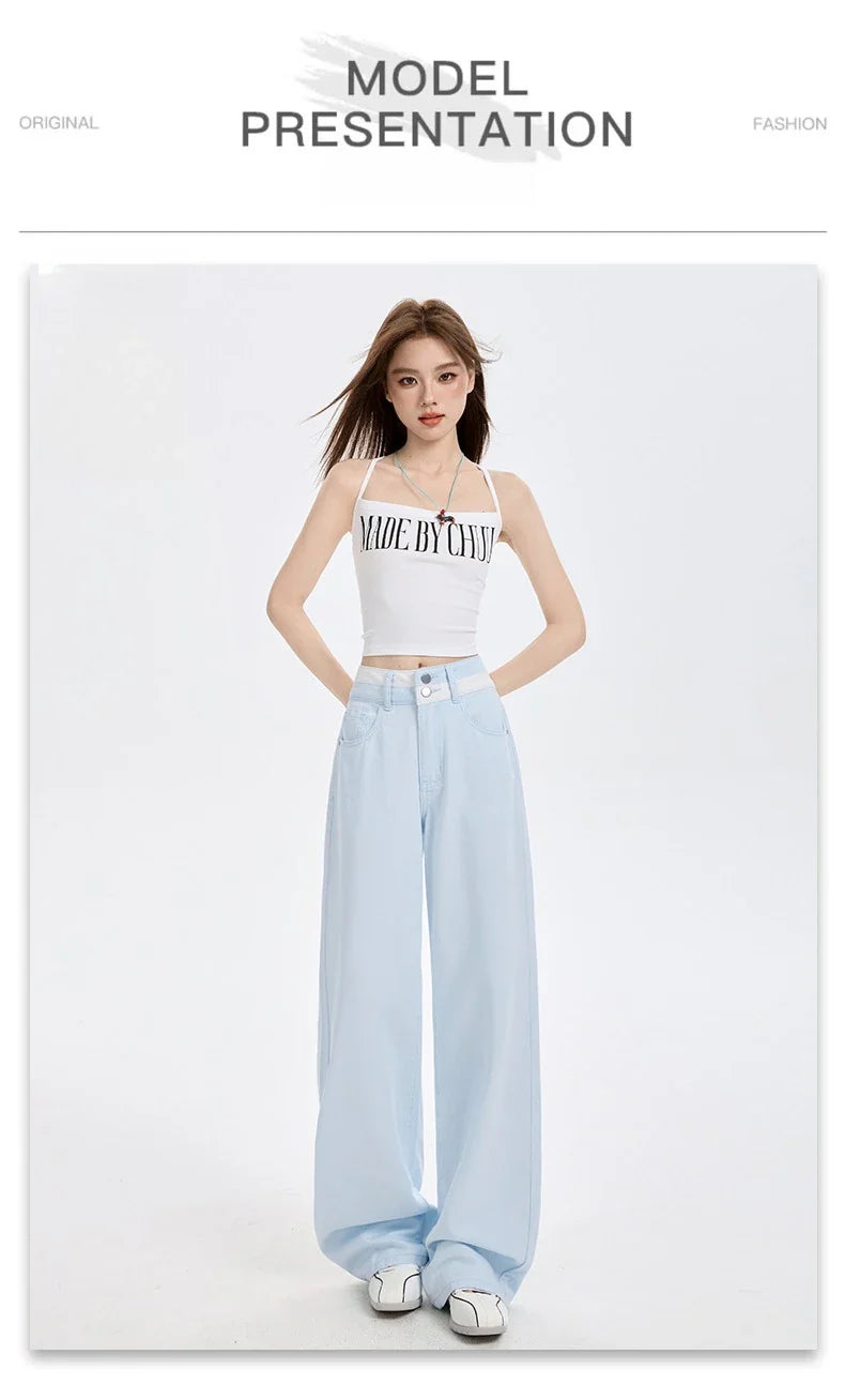 Loose Casual Wide Leg Denim Pants Summer New Thin 100% Cotton Women's High Waist Y2K Contrast Stitching All Match Baggy Jeans